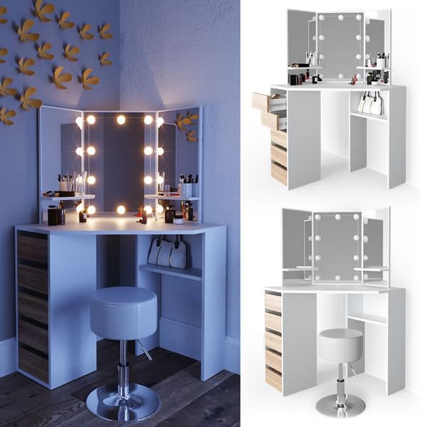 Vicco Arielle sminkbord, Vit/Sonoma, 110 cm med LED-belysning och pall