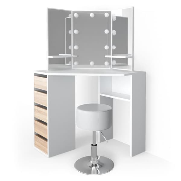 Vicco Arielle sminkbord, Vit/Sonoma, 110 cm med LED-belysning och pall