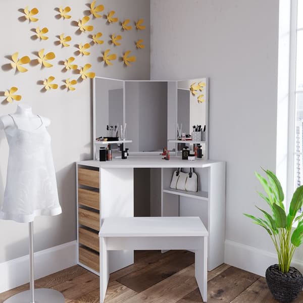 Vicco Arielle sminkbord, Vit/Sonoma, 110 cm med bänk