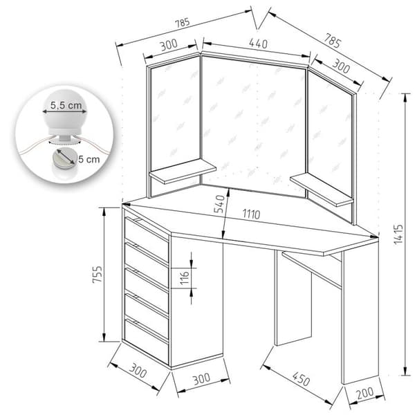 Vicco Arielle sminkbord, gyllene styrka ek, 110 cm med LED-belysning