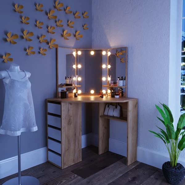 Vicco Arielle sminkbord, gyllene styrka ek, 110 cm med LED-belysning