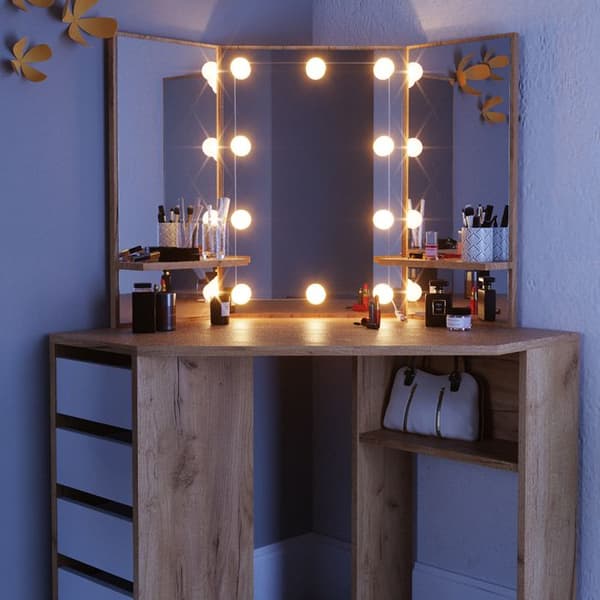 Vicco Arielle sminkbord, gyllene styrka ek, 110 cm med LED-belysning