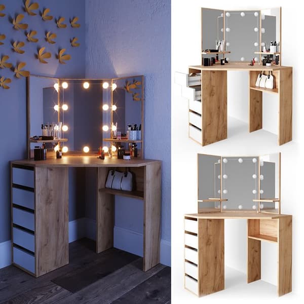 Vicco Arielle sminkbord, gyllene styrka ek, 110 cm med LED-belysning