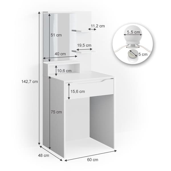 Vicco Ruben sminkbord, Vit, 60 cm med LED-belysning