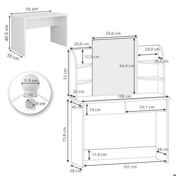 Vicco Charlotte sminkbord, Vit/Sonoma, 108 cm med LED-belysning och bänk