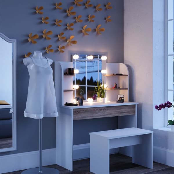 Vicco Charlotte sminkbord, Vit/Sonoma, 108 cm med LED-belysning och bänk