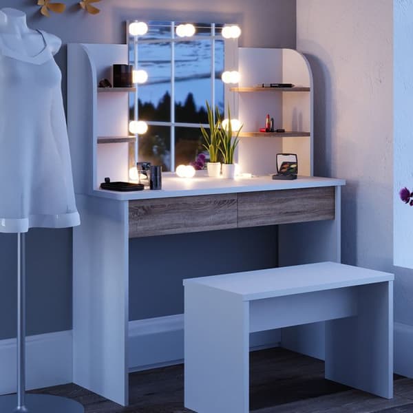 Vicco Charlotte sminkbord, Vit/Sonoma, 108 cm med LED-belysning och bänk