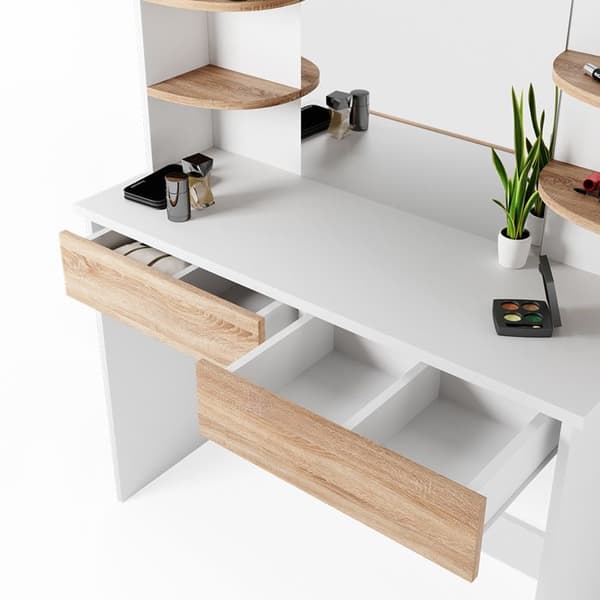 Vicco Charlotte sminkbord, Vit/Sonoma, 108 cm med LED-belysning och bänk