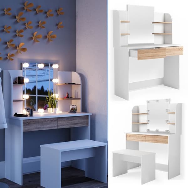 Vicco Charlotte sminkbord, Vit/Sonoma, 108 cm med LED-belysning och bänk
