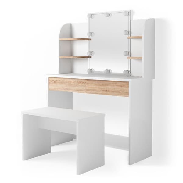 Vicco Charlotte sminkbord, Vit/Sonoma, 108 cm med LED-belysning och bänk