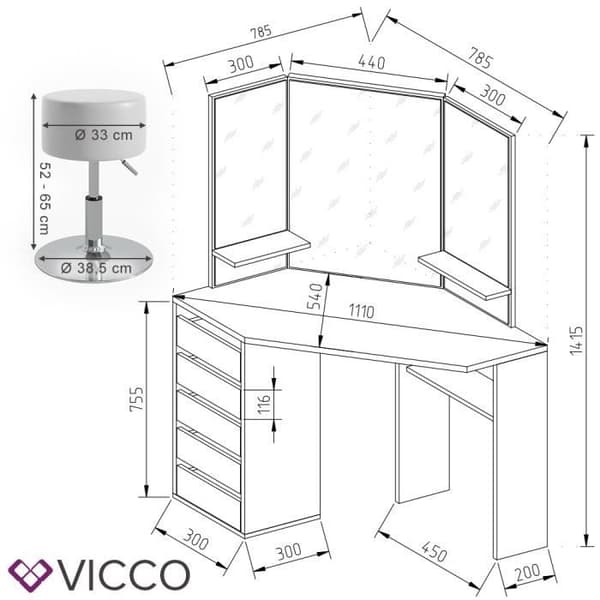 VICCO Arielle White Sonoma sminkbord med pall