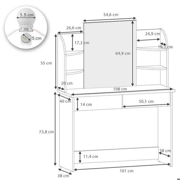 Vicco Charlotte sminkbord, Vit/Sonoma, 108 cm med LED-belysning