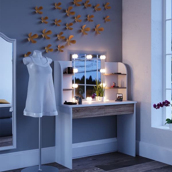 Vicco Charlotte sminkbord, Vit/Sonoma, 108 cm med LED-belysning