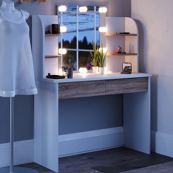 Vicco Charlotte sminkbord, Vit/Sonoma, 108 cm med LED-belysning