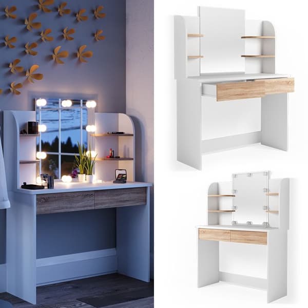 Vicco Charlotte sminkbord, Vit/Sonoma, 108 cm med LED-belysning