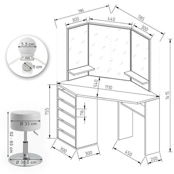 Vicco Arielle sminkbord, gyllene styrka ek, 110 cm med LED-belysning och pall