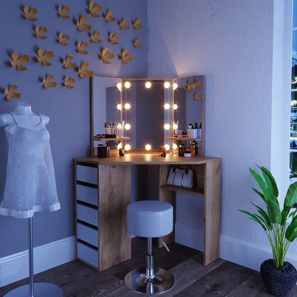 Vicco Arielle sminkbord, gyllene styrka ek, 110 cm med LED-belysning och pall