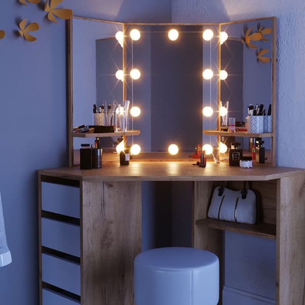 Vicco Arielle sminkbord, gyllene styrka ek, 110 cm med LED-belysning och pall