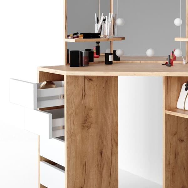 Vicco Arielle sminkbord, gyllene styrka ek, 110 cm med LED-belysning och pall
