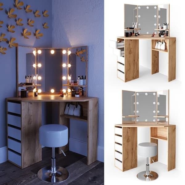 Vicco Arielle sminkbord, gyllene styrka ek, 110 cm med LED-belysning och pall