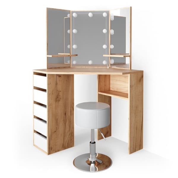 Vicco Arielle sminkbord, gyllene styrka ek, 110 cm med LED-belysning och pall