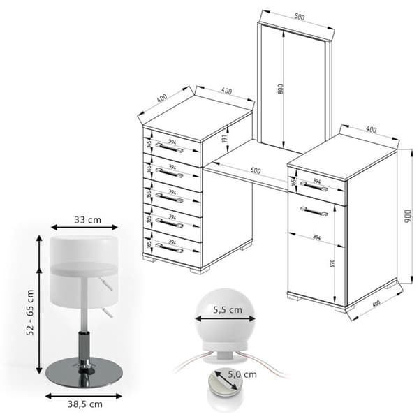 Vicco Zoe sminkbord, Vit, 140 cm med LED-belysning och pall