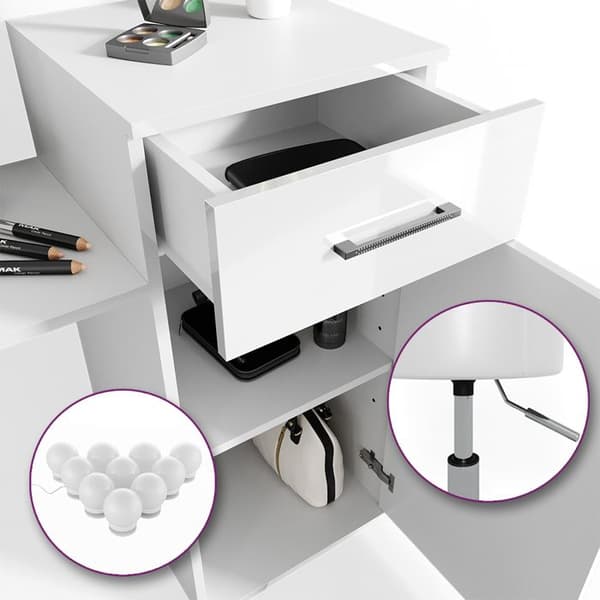 Vicco Zoe sminkbord, Vit, 140 cm med LED-belysning och pall