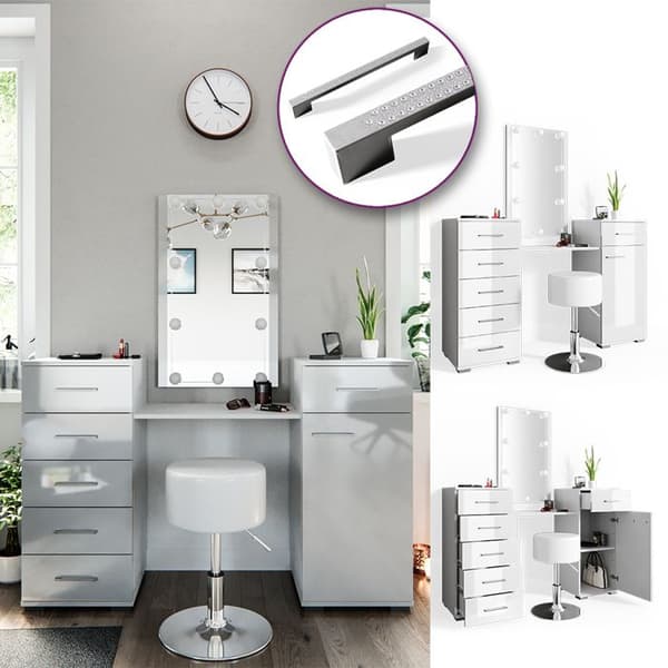 Vicco Zoe sminkbord, Vit, 140 cm med LED-belysning och pall