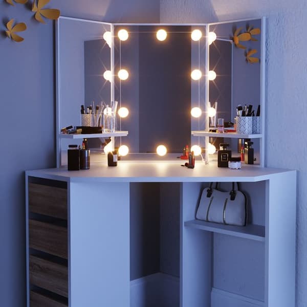 Vicco Arielle sminkbord, Vit/Sonoma, 110 cm med LED-belysning