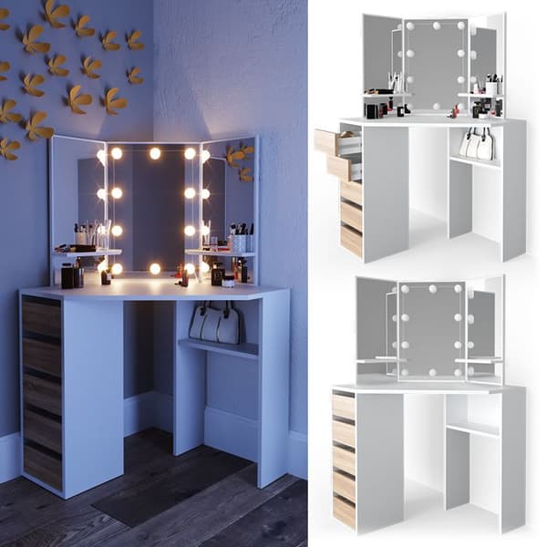 Vicco Arielle sminkbord, Vit/Sonoma, 110 cm med LED-belysning