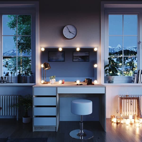Vicco Sherry sminkbord, Vit/Sonoma, 120 cm med LED-belysning och pall