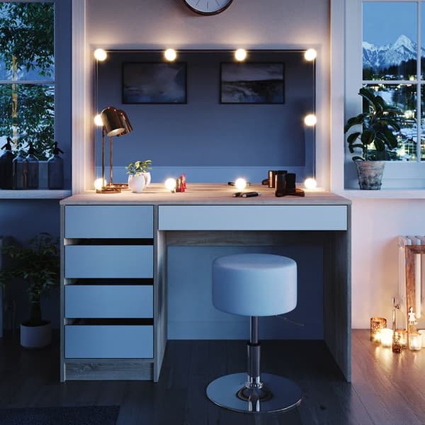 Vicco Sherry sminkbord, Vit/Sonoma, 120 cm med LED-belysning och pall
