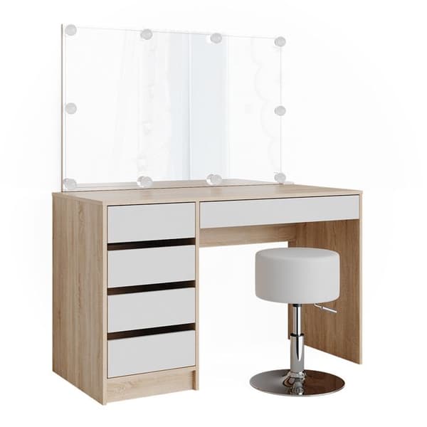 Vicco Sherry sminkbord, Vit/Sonoma, 120 cm med LED-belysning och pall
