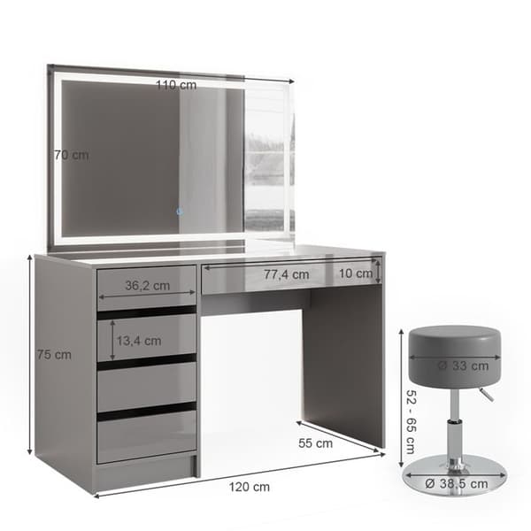 Vicco Sherry sminkbord, Högblank grå, 120 cm med LED-spegel och pall