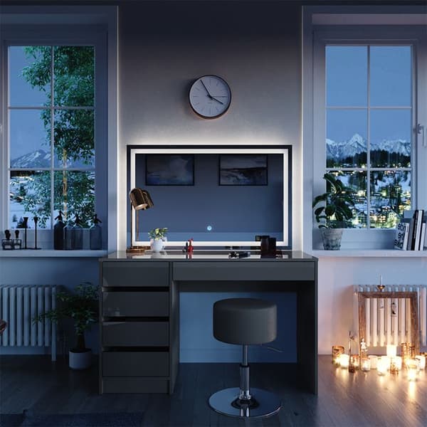 Vicco Sherry sminkbord, Högblank grå, 120 cm med LED-spegel och pall