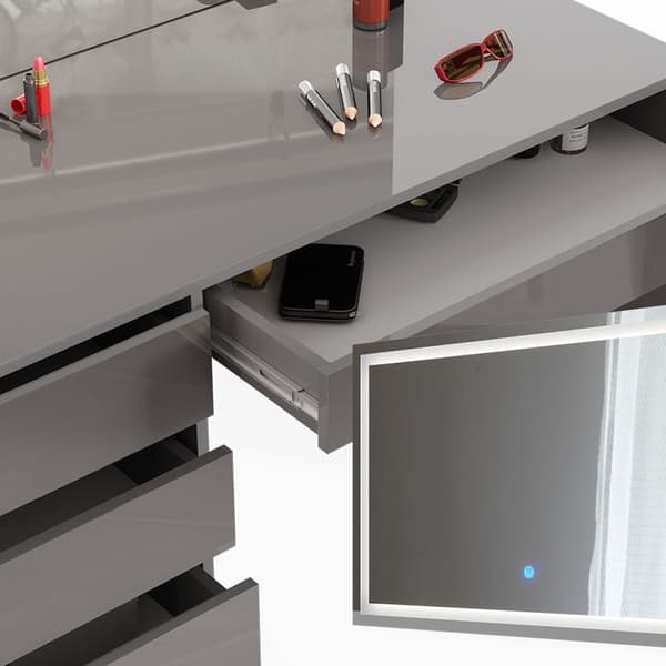 Vicco Sherry sminkbord, Högblank grå, 120 cm med LED-spegel och pall