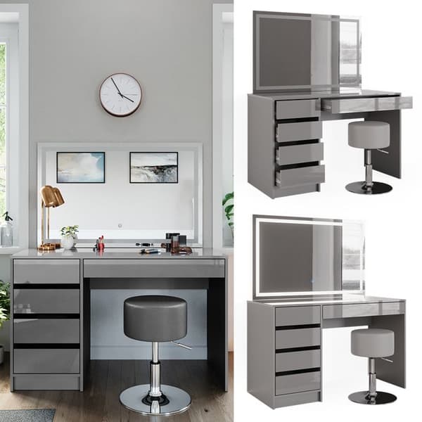 Vicco Sherry sminkbord, Högblank grå, 120 cm med LED-spegel och pall