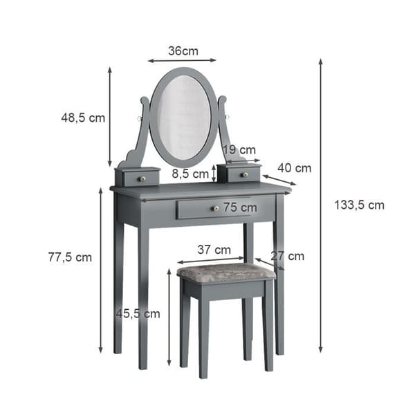 Vicco Annie sminkbord, Grå, 75 cm med pall