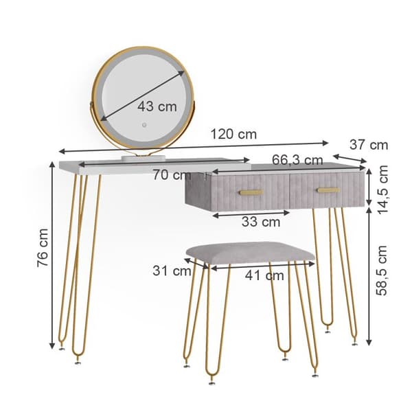 Vicco Zoey sminkbord, Grå, 120 cm med LED-belysning och pall