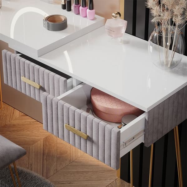 Vicco Zoey sminkbord, Grå, 120 cm med LED-belysning och pall