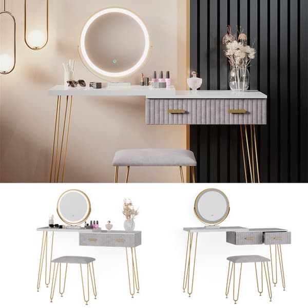 Vicco Zoey sminkbord, Grå, 120 cm med LED-belysning och pall