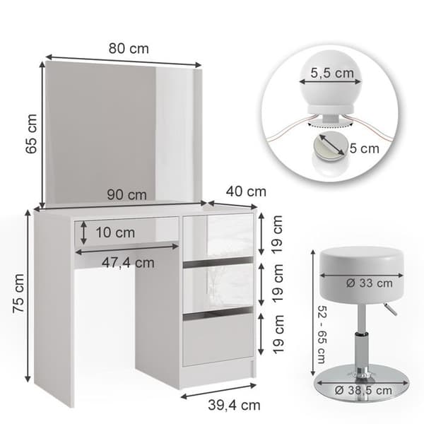 Vicco Sherry Sminkbord, Vit Högglans, 90 cm med LED-belysning och pall