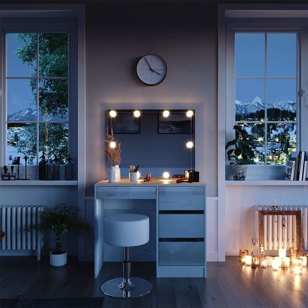 Vicco Sherry Sminkbord, Vit Högglans, 90 cm med LED-belysning och pall