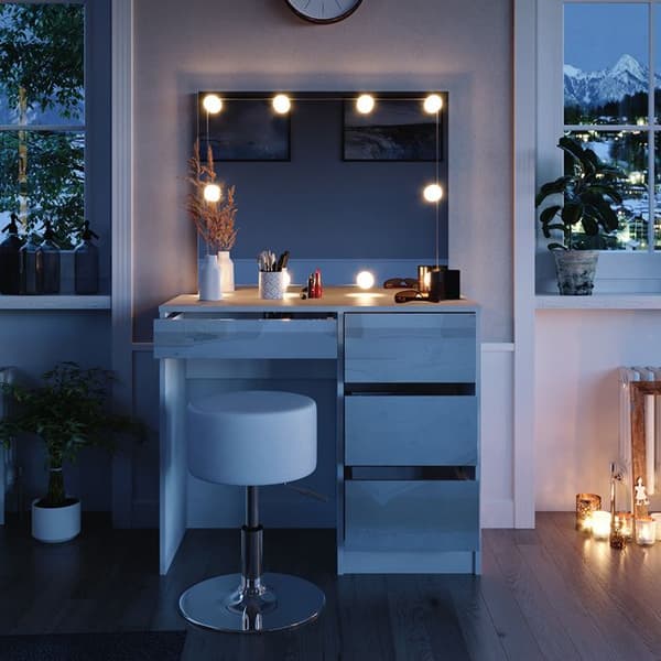 Vicco Sherry Sminkbord, Vit Högglans, 90 cm med LED-belysning och pall