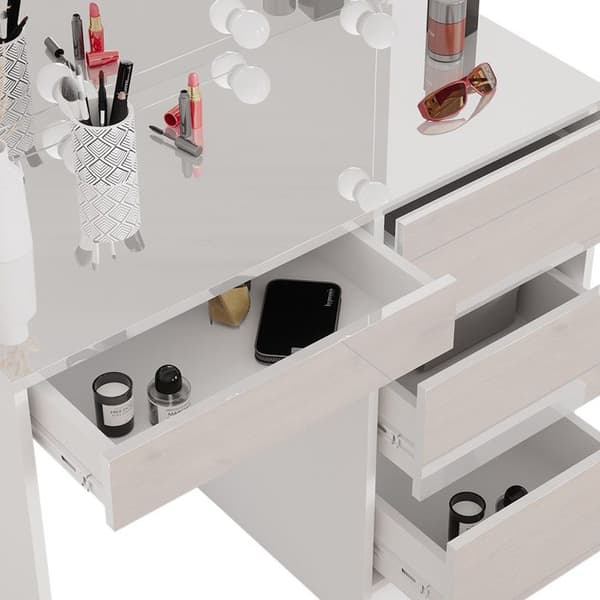 Vicco Sherry Sminkbord, Vit Högglans, 90 cm med LED-belysning och pall