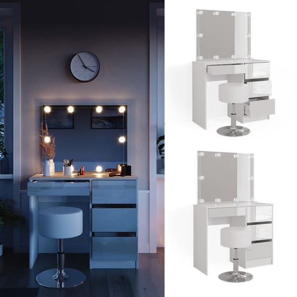 Vicco Sherry Sminkbord, Vit Högglans, 90 cm med LED-belysning och pall