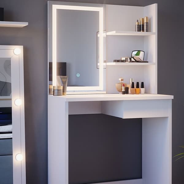 Vicco Dekos sminkbord, Vit, 75 cm med LED-spegel