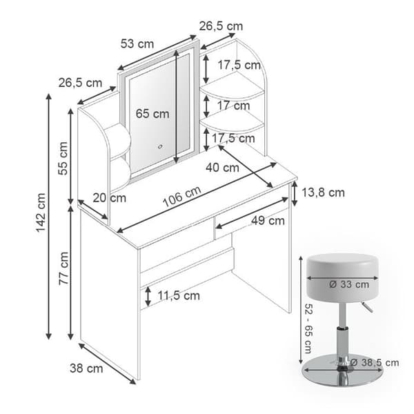 Vicco Charlotte sminkbord, Vit, 106 cm med LED-spegel och pall