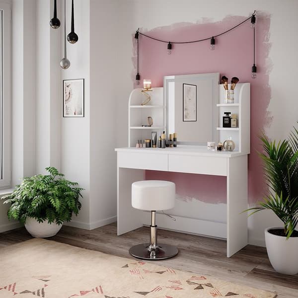 Vicco Charlotte sminkbord, Vit, 106 cm med LED-spegel och pall