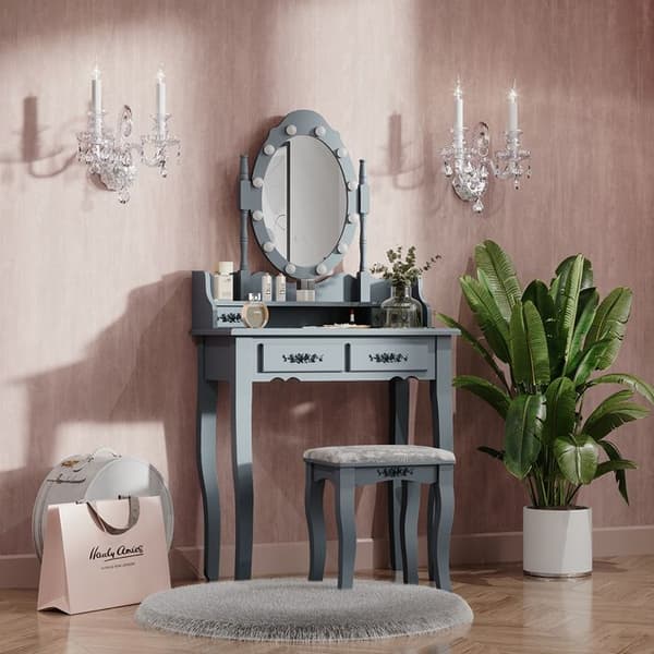 Vicco Maggie sminkbord, Grå, 75 cm med LED-belysning och pall